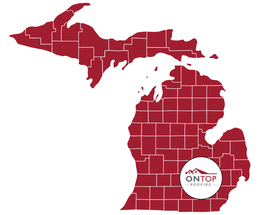 A red map of michigan with each county filled in solid red, featuring the "ontop roofing" logo positioned centrally over the lower peninsula.