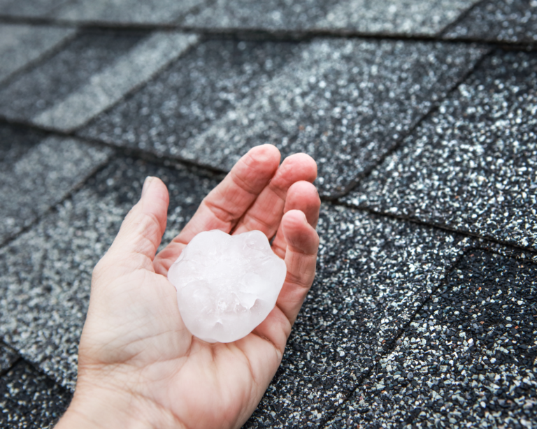 A person's hand holding a large piece of hail against a background of a shingle roof.