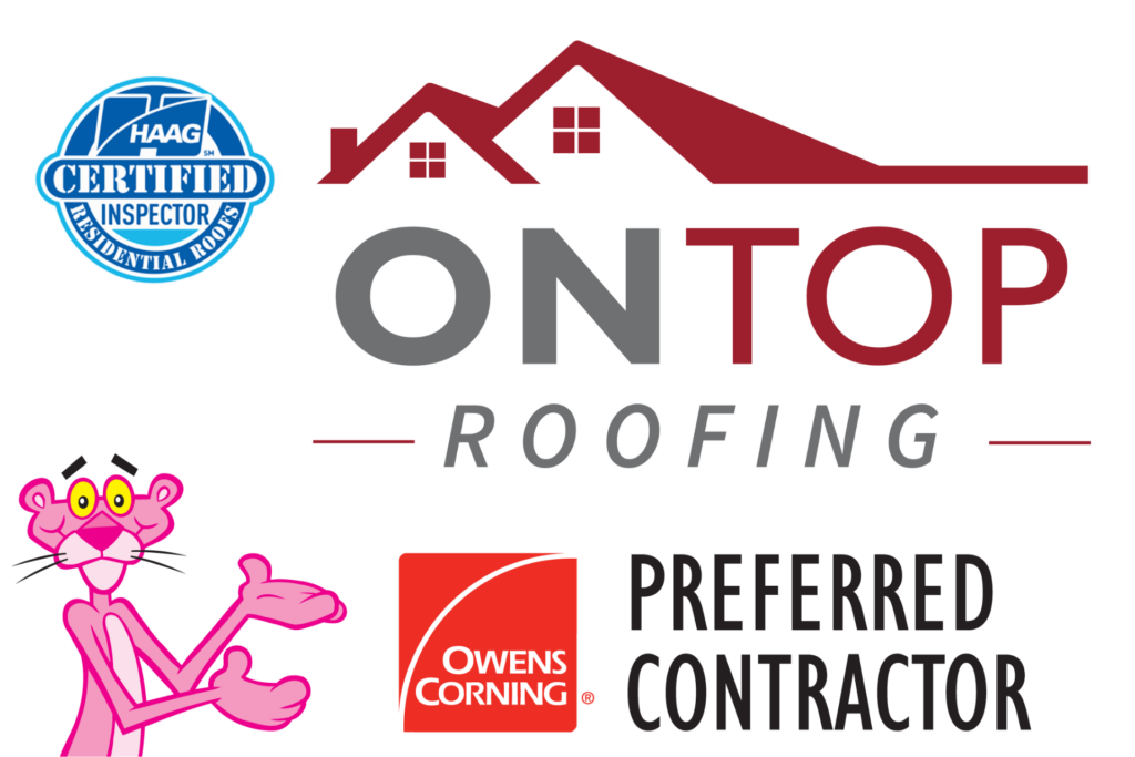 Logo for ontop roofing featuring a stylized house outline, accompanied by haag certified inspector and owens corning preferred contractor badges.