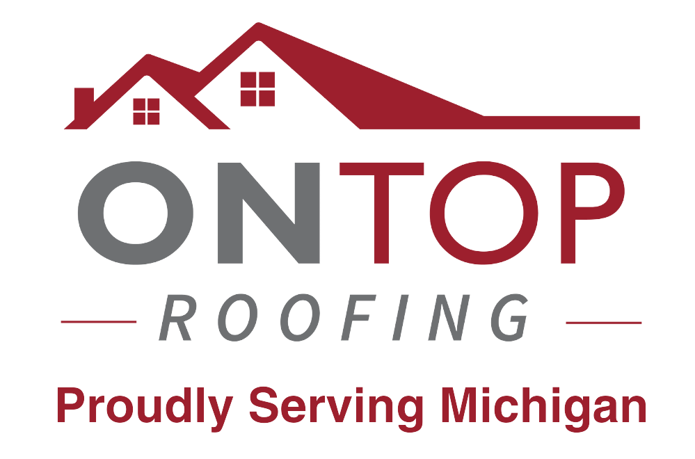 Logo for On Top Roofing featuring an illustration of two houses with red roofs. Tagline below reads "Proudly Serving Michigan.
