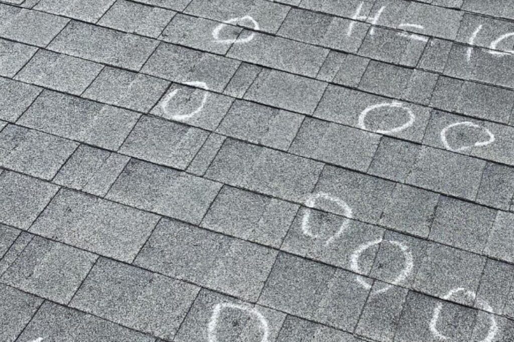 Gray roof shingles with multiple chalk circles and markings, some labeled "H-16".