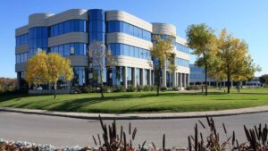 a commercial building outside in the summer