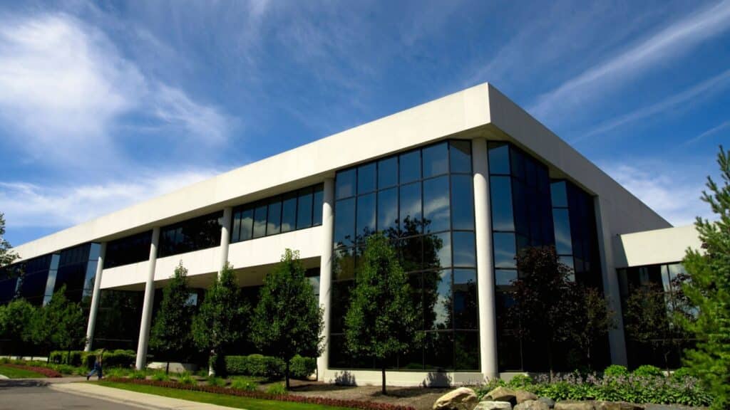 Modern office building with large glass windows