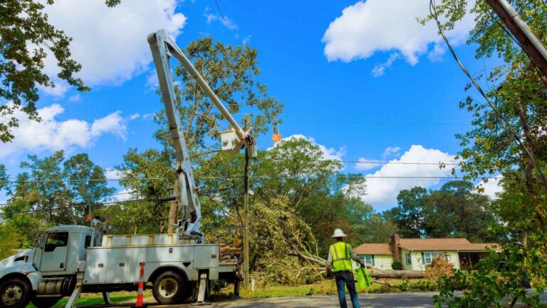 roof insurance claims in michigan Utility workers use a bucket truck to repair power lines after a fallen tree caused damage near a residential area.