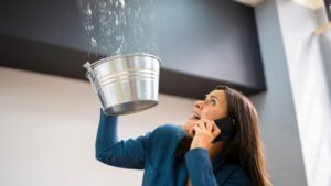 A woman holds a metal bucket under a leaky ceiling